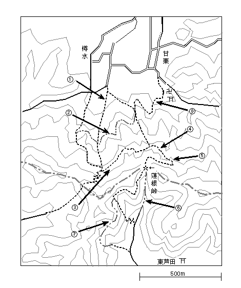 蓮根峠付近の地形と道